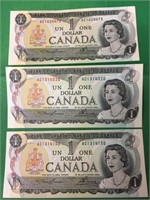3 Canadian One Dollar Bills Dated 1973 Signed