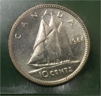 1944 (i.c.c.s. Ms63) Canadian Silver 10 Cent Coin