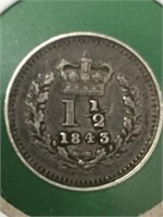 1843 British Queen Victoria Silver Three-half