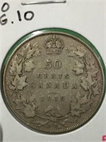1910 (v.g.10) Canadian Silver 50 Cent Coin