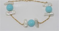9ct yellow gold, turquoise & pearl bracelet