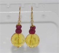 Citrine and ruby earrings on 9ct gold hooks