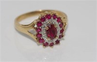 9ct yellow gold ruby and diamond cluster ring