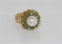 18ct yellow gold, pearl and turquoise ring
