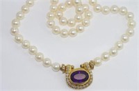 Akoya cultured pearls & gold, amethyst & diamonds