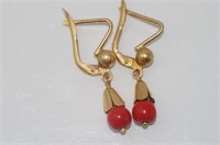 18ct yellow gold and red coral drop earrings