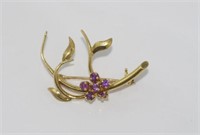 18ct yellow gold and amethyst leaf & flower brooch