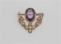 Victorian 9ct gold amethyst & seed pearl brooch