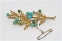 Vintage yellow gold, seed pearl & turquoise brooch