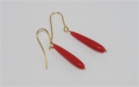 18ct yellow gold and red coral drop earrings