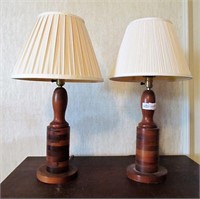 Pair of mixed wood Berea College lamps, 25"