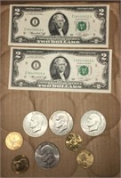 (8) One Dollar Coins, (2) 2 Dollars