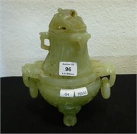 Carved jadeite archaistic tripod censer with cover