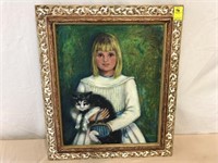 Oil on board framed painting - young girl with cat