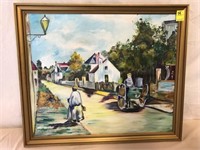 Oil on canvas framed painting - street scene