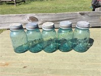 5 old blue Ball canning jars zinc lids
