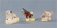 Porcelain Cat, Sheep, And Pair Of Horses