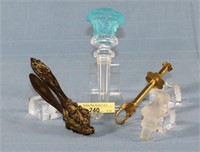 Two Figural Head Glass Stoppers, Olive Grabber, &