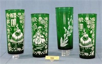 Four Forrest Green Decorated Tom Collins Glasses