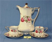 Porcelain Coffee Pot W/Two Matching Cups And