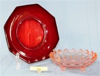Octagon Ruby Plate And  Pink Footed Dish