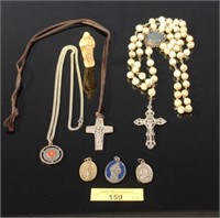 Seven Religious Items: Rosary, Necklace, Statue,