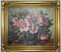 Oil On Board Still Life Of Flowers In Gilt Frame