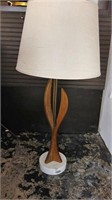 pair wood sculpture marble base table lamps