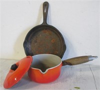 8" Cast Iron Skillet and Orange Enamelware Pot