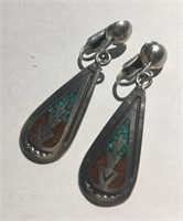 Pair Of Sterling Earrings, Turquoise & Coral