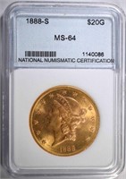 1888-S $20.00 GOLD LIBERTY, NNC CH/GEM BU