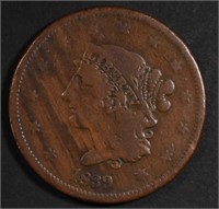 1839 LARGE CENT, BOOBY HEAD, VG/F