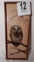 FRAMED GLASS OWL PAINTING WITH BURLAP BACKDROP