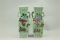 Pair Of Green Asian Handpainted Vases