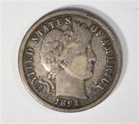 1894 BARBER DIME, NICE VF+ KEY COIN