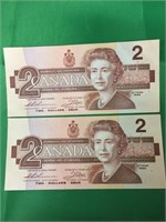 Pair Of 1986 Canadian $2 Bills