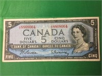 1954 Canadian $5 Bill No.8808064 Signed
