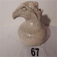 UNUSUAL POTTERY VASE WITH BIRD AND MAN FACE 11 IN
