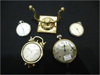Two pocket watches and two clocks