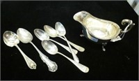 Five silver spoons and Birks sauce boat, 300g