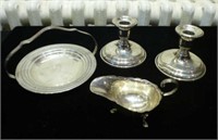 Silver sauce boat, candlesticks and dish, 187g w