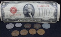 MONEY - RED SEAL $2 BILL, 1895 BARBER NICKEL, 2