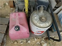 2 electric motors, parts to welder, gas cans,