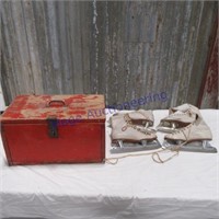 Red wood box with hinged lid w/ ice skates