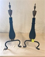 Early wrought iron andirons with brass finials
