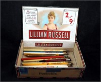 Lillian Russel 2 For 5 Cigar Box & Adv. Pencil Lot