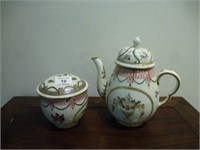 Chelsea porcelain teapot and covered sugar bowl