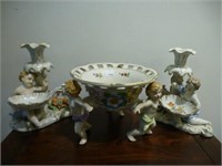 Pair of Dresden figural salts and bowl