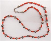 Navajo Silver Bead & Coral Shell Necklace
