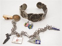 Sterling Charm Bracelet, Coin Cuff Bracelet...